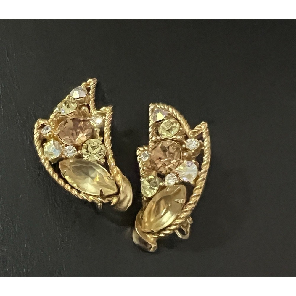 VTG Emmons earrings MULTICOLOR RHINESTONE AMBER GLOW  openwork Climber - Picture 4 of 15